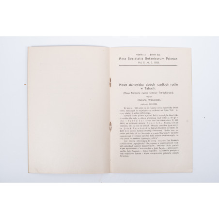 PAWŁOWSKI B., Nowe stanowiska dwóch rzadkich roślin w Tatrach, Warszawa 1933
