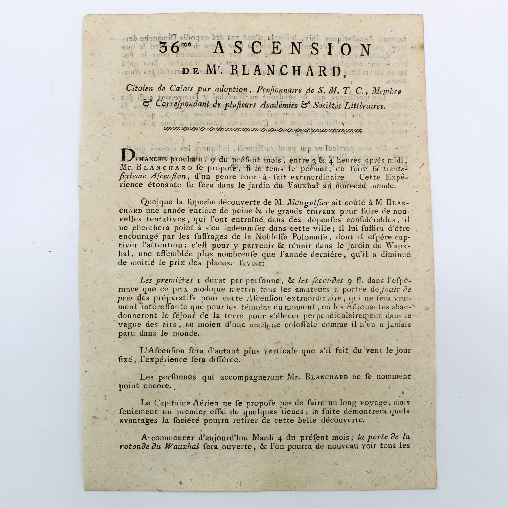 [BLANCHARD J.P., POTOCKI J.], Lot balonem, Warszawa 1790