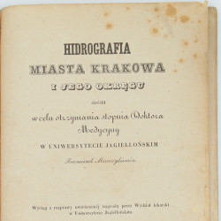 MARCZYKIEWICZ Franciszek, Hidrografia miasta Krakowa i jego okręgu, Kraków 1847