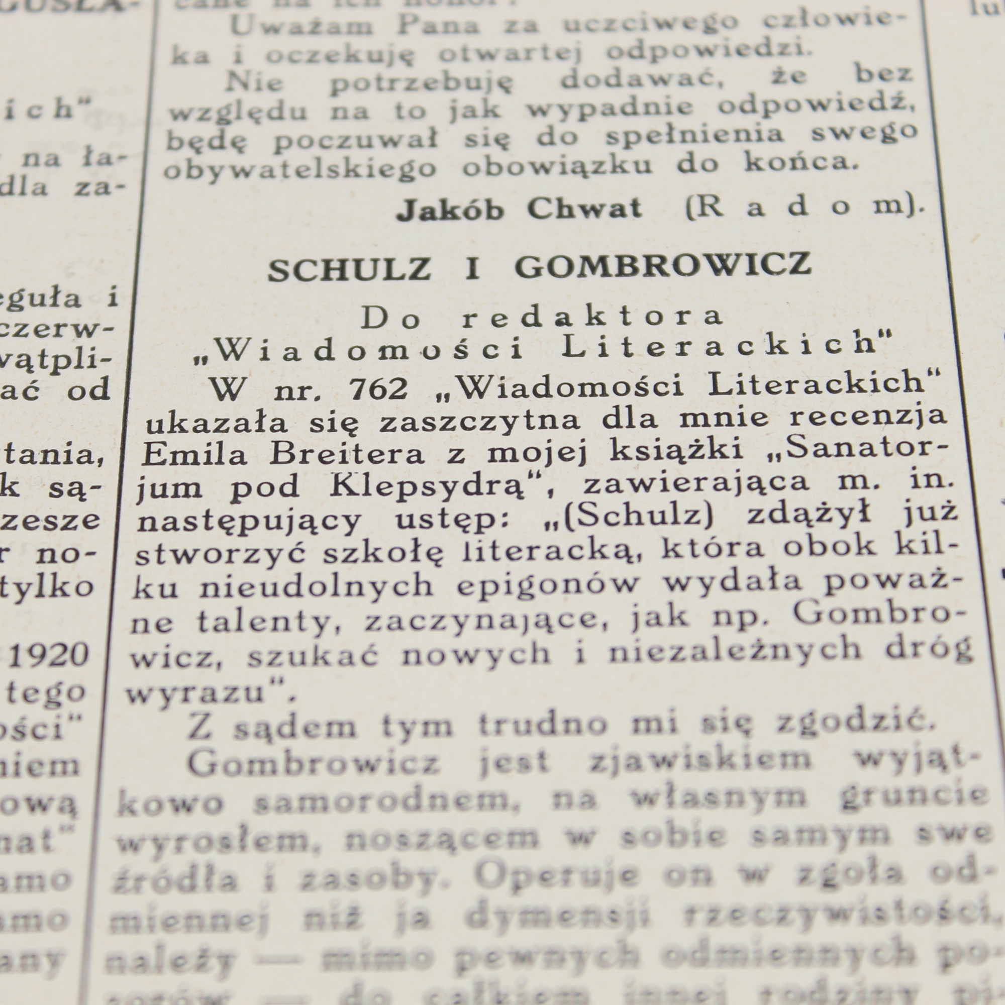 SCHULZ Bruno, Schulz i Gombrowicz, "WIADOMOŚCI LITERACKIE" 1938