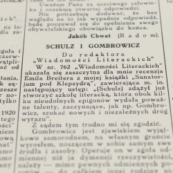 SCHULZ Bruno, Schulz i Gombrowicz, "WIADOMOŚCI LITERACKIE" 1938