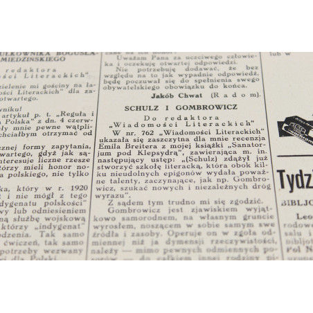 SCHULZ Bruno, Schulz i Gombrowicz, "WIADOMOŚCI LITERACKIE" 1938